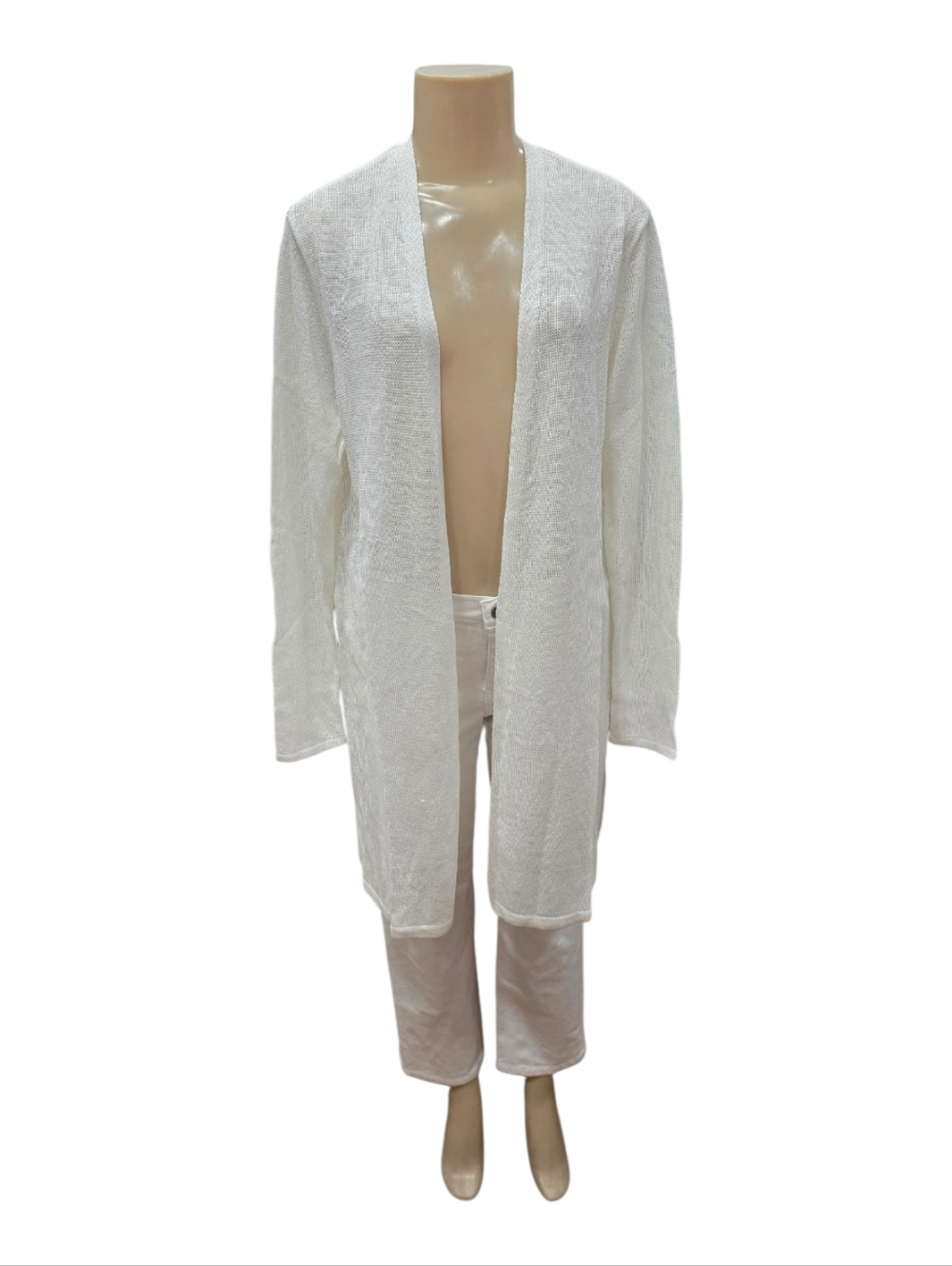 J. Jill Womens White Linen Blend Longline Open Front Cardigan Sweater M